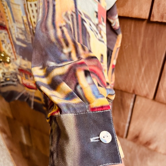 Vintage Printed San Fransisco Trolley Car Silk Gray Ivory Beaded Blouse Shirt L - Picture 5 of 15